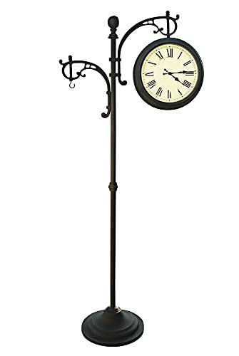 Backyard Creations Outdoor Heavy Duty Double Face Metal Weather Pedestal Clock / Analog Thermometer, Black, 15InD X 33.25InW X 72.75InH