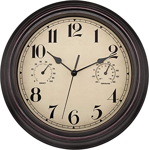 Lumuasky 12-Inch Indoor Outdoor Retro Silent Non-Ticking Waterproof Wall Clock with Thermometer Battery Operated Quality Quartz Round Clock Wall Decorative for Patio Home