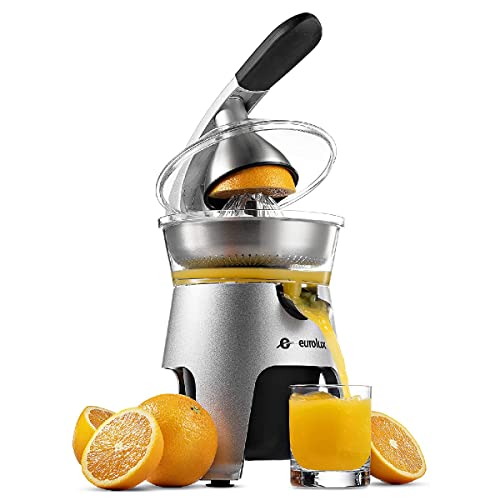 Eurolux Die Cast Stainless Steel Electric Citrus Juicer Squeezer, for Orange, Lemon, Grapefruit | 300 Watts of Power, With 2 Stainless Steel Filter Sizes for Pulp Control