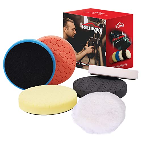 KUIMIT 5" Buffing Polishing Pads, 6Pcs 5.6inch 140mm for 5 Inch Backing Plate, Compound Buffing Sponge Pads and Woolen Pads Cutting Polishing Pad Kit for Car Buffer Polisher (Honeycomb Structure)