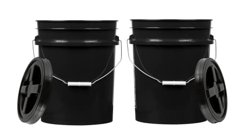 House Naturals 5 Gallon Plastic Black Bucket Food Grade BPA Free with Black Screw on Air Tight Lid( Pack of 2) Made in USA Pail