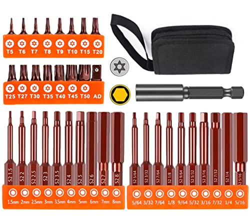 ALWORKKIT 38-Piece Tamper-proof Torx Bit Set, Hex Head Allen Wrench Drill Bit Set, Strong Magnetic Extension Socket, 1/4" Metric and SAE S2 Steel Hex Bits Set Tool kit. Nice Gifts