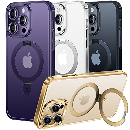 Alphex Invisible Magnetic Stand Case for iPhone 14 Pro Max [Look as Bare iPhone][Compatible with MagSafe] Military Grade Shockproof Matte Slim Phone Cover Ring Holder Women Men 6.7 inch, Deep Purple