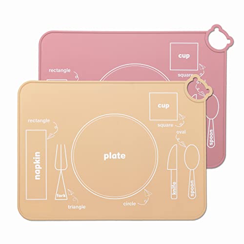 IYYI Silicone Baby Placemat, Kids Placemats for Dining Table, Montessori Placemat, Non Slip Placemat for Toddler, Waterproof, Washable, Portable Placemat Set of 2 (Beige+Pink)