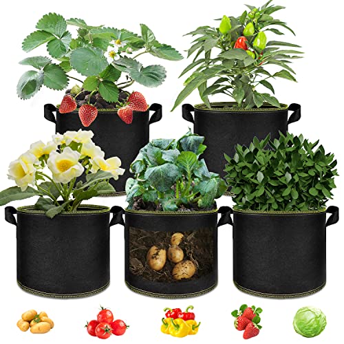 Fuiwui Grow Bags 5 Gallon - 5 Pack, Heavy Duty Plant Pot with Hanble, Thickened Aeration Nonwoven Planter Container for Outdoor Potato, Tomato, Chili, Carrot and Vegetables