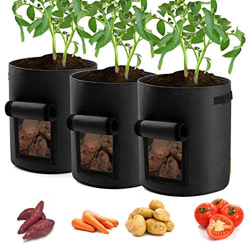 Potato Planter Bags 3-Pack 7 Gallons Grow Bags Aeration Tomato Plant Pots with Flap and Handles (Black)