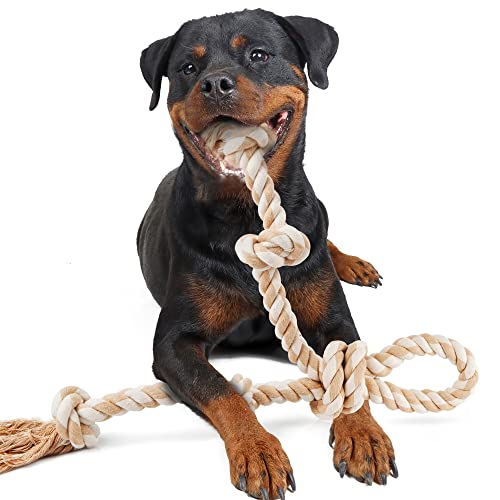 Fida Dog Rope Toys for Aggressive Chewers,Large Dog Toy Designed for Tug of War, Tough Dog Rope Toy Indestructible Made of Undyed Natural Cotton, 29" Large Dog Toys with 3 Big Knots and a Handle