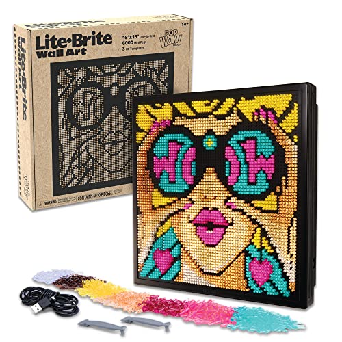 Lite Brite Wall Art POP Wow - 16" x 16" Screen, 6,000 Mini Pegs, 3 HD Designs, Great Gift for Ages 14+, DIY Activity Set for Teens and Adults, Dorm Room Wall Dcor, Includes 1 Tablet