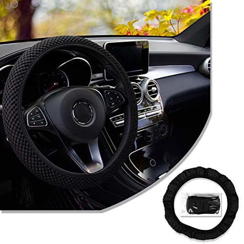 jeseny 1 PC Car Breathable Stretch Elastic Steering Wheel Cover, Microfiber Breathable Ice Silk Protective Cover, Universal 14.5-15In Warm in Winter Cool Summer Anti-Slip Cover, Fit Most Cars (Black)