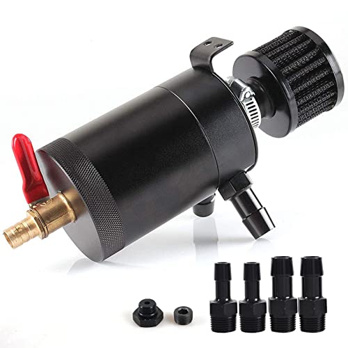 WENJTP Oil Catch Can Kit with 4 Adapters + Breather Filter Drain Valve Plug 2 Ports (1 oulet + 1 inlet) 150ml Universal Aluminum Baffled Oil Reservoir Tank Oil Separator