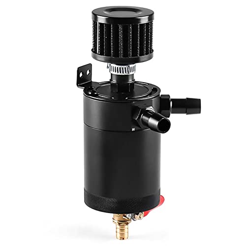 Universal Baffled Oil Catch Can with Breather Filter and Drain Valve 2 Ports (oulet + inlet),150ml Billet Aluminum Oil Separator Catch Can Oil Reservoir Tank,4 Adapters/Screws/Washers Included,Black