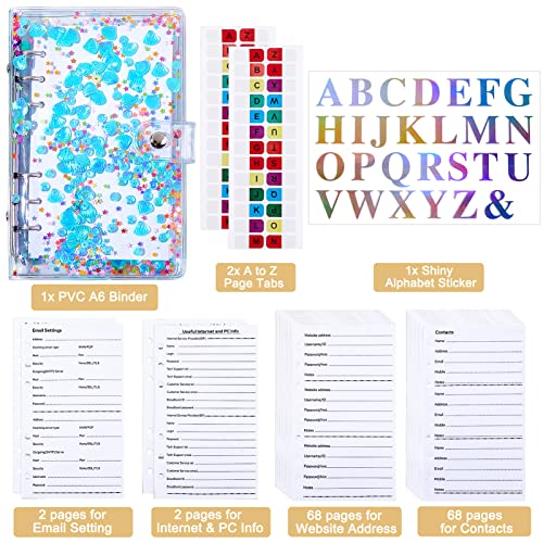 Password Address Book with Alphabetical Tabs, Refillable Binder Address Book Password Keeper Notebook with Stickers PVC Password Contact Book for Website Internet Login,5.3" x 7.48",Blue Glitter