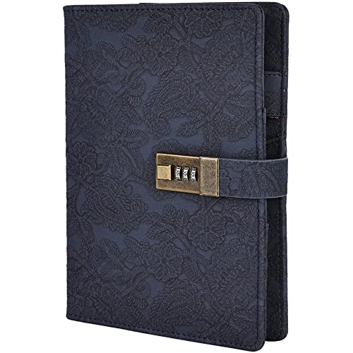 Vintage 6 Rings Binder Journal Notebook with Lock, A5 Hardcover Flower Secret Password Diary, Refillable Ruled Writing Paper for Women (Dark Blue)