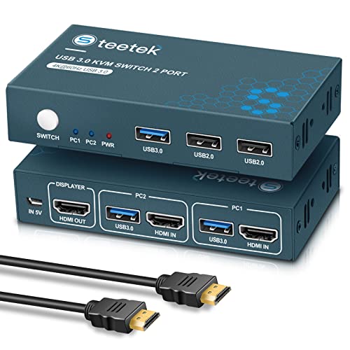 Steetek HDMI 2 Computers 1 Monitor KVM Switch USB 3.0, 4K@60Hz 2 in 1 Out Kvm Switch, for 2 Computers Share 1 Monitor and 1 Set Keyboard&Mouse, Button Switching, with 2 USB and 2 HDMI Cables