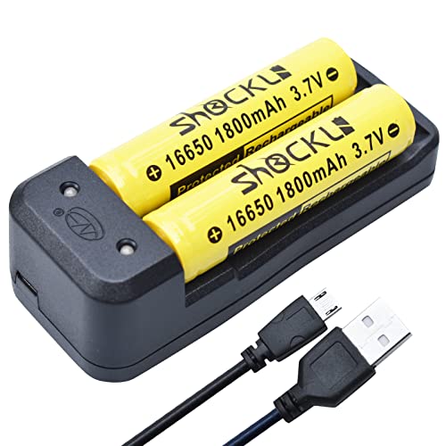 16650 Rechargeable Battery with Battery Charger, 16650 Protected 3.7V Rechargeable Battery 1800mAh (2 Pack) - [Replacement for 2 x CR123 ]