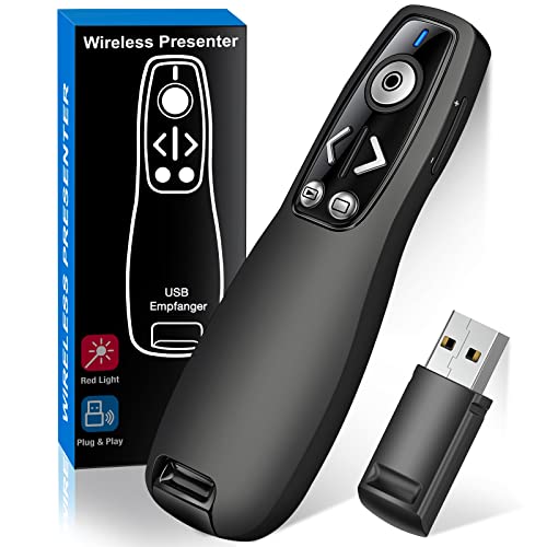 Presentation Clicker, Wireless Presenter Remote Clicker for Powerpoint, Powerpoint Clicker with Hyperlink & Volume Control Presentation Remote Slide Advancer Clicker for Mac/Computer/Laptop, Red Light