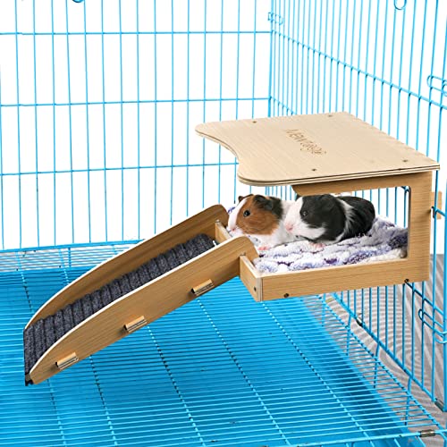 MEWTOGO Guinea Pig Hideout - Natural Wooden Small Animal House Bed with Stairs and Mat, Detachable Small Pet Hut Habitats for Guinea Pig Hamsters Bunny Chinchillas