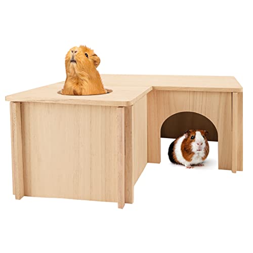 PAWCHIE Guinea Pig Hideout with Multi-Rooms - Small Pets Natural Hideout Detachable Large Size Multi-Chamber Wooden Hut Habitats with Window and Roof Skylight for Guinea Pigs, Hamsters, Chinchillas