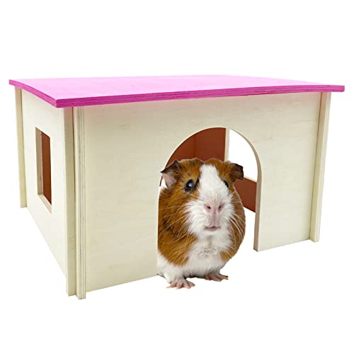 Fhiny Guinea Pig Wood House with Windows and Roof, Detachable Chinchilla Hut Hideout Hideaway Natural Hamster Habitat Decor for Hamsters Hedgehogs Squirrels or Other Small Animals (Random Color)