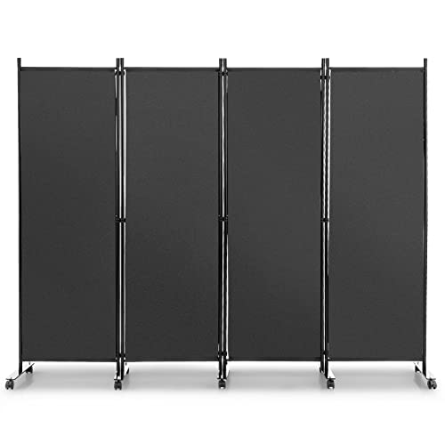 Giantex 5.6Ft Folding 4 Panel Room Divider with Rollers Grey- 89" Wide Freestanding Rolling Privacy Screen, Wall Partition Divider for Room Separation, Lightweight Portable Room Dividers with Wheels