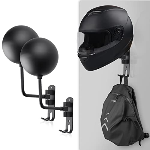 SKYJDM 2-Pack Motorcycle Helmet Holder Wall Mount - Helmet Stand Supports 180 Rotation, Metal Helmet Racks with 2 Hooks for Motorcycle Bike Truck Trailer Dugout, Suit for Racing Coats Caps Hats Suits