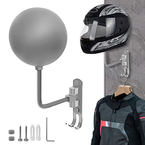 Motorcycle Helmet Rack, Helmet Holder Wall Mount 180 Rotation Hanger with 2 Hook for Coats, Caps, Motorcycle Accessories (Grey, 1 PCS)