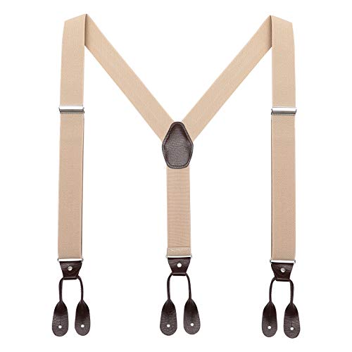 AWAYTR Mens Brown Button End Suspenders - Adjustable Elastic Y Shape Tuxedo Suspender (Khaki)