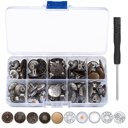 50 Pcs Jean Buttons Replacement No Sew, 17mm Replacement Jeans Pants Buttons, Instant Adjustable Metal Snap Denim Buttons Replacement Kit for Pants Jeans Suspender Buttons, 10 Styles