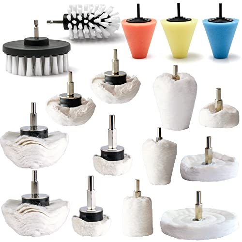 Medoon Polishing Pad Buffing Wheel Kit 17 Pack, Buffing Wheel for Drill for Metal Aluminum Stainless Steel Chrome Wood Plastic Ceramic Glass Woods Fabric Cotton Machine Jewelry etc