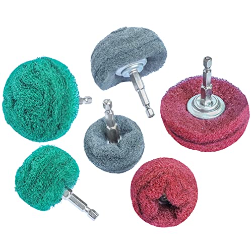 6PCS Non Woven Abrasive Buffing Polishing Wheel Drill Attachment Set,Scouring Pads Power Scrubber Cleaning KitGreen red Gray) 1/4 Shank