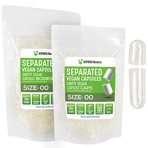 XPRS Nutra Vegan Size 00 Separated Capsules - 100 Count Premium Empty Capsules Separated in Bags - Clear Empty Capsules - Separated Empty 00 Capsules - Pill Capsules Empty for DIY Supplement Filling