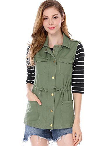 Allegra K Women's Zip Up Sleeveless Jacket Utility Anorak Outwear Cargo Vest Small Green