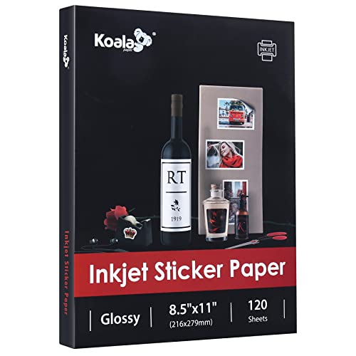 (120 Sheets) Koala Glossy Sticker Paper for Inkjet Printer, Printable Sticker Paper White, 8.5x11 Inch Self-Adhesive Photo Sticker Printer Paper