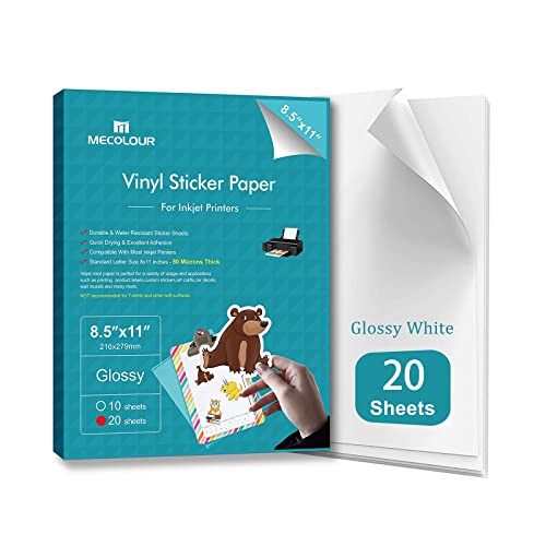 MECOLOUR Premium Printable Vinyl Sticker Paper for Cricut Glossy White 20 Sheets Waterproof, Dries Quickly Vivid Colors- Tear Resistant - for Any Inkjet & Laser Printer