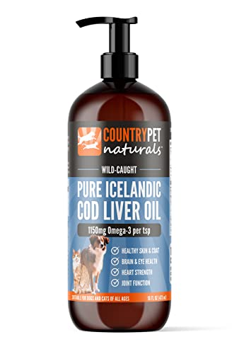 CountryPet Naturals Pure Icelandic Cod Liver Oil (16oz.) All-Natural Fish Oil for Dogs & Cats Supplements. Ultra Oil with Omega3, DHA & EPA to Promote Healthy Coat, Skin & Joints. All Ages and Breeds