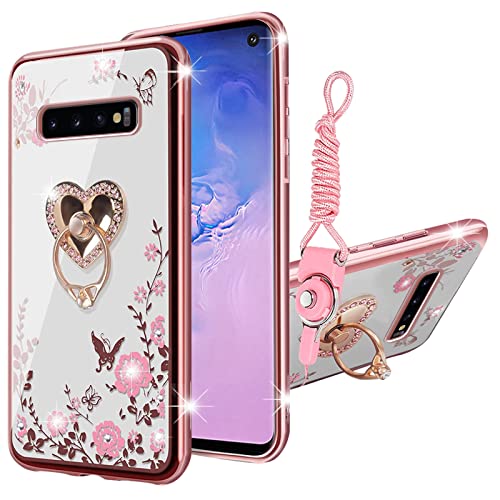 for Samsung Galaxy S10 Case, Galaxy S10 Case for Women Glitter Crystal Soft Bling Cute Butterfly Heart Floral Clear Protective Cover with Kickstand+Strap for Samsung Galaxy S10 (2019) (Rose Gold