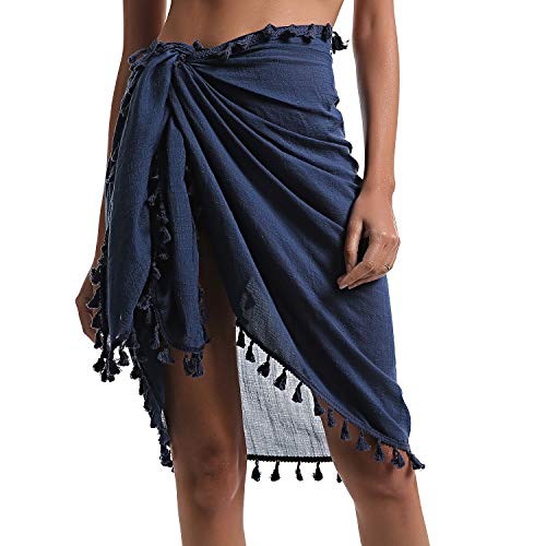 Eicolorte Beach Sarong Pareo Womens Semi-Sheer Swimwear Cover Ups Short Skirt with Tassels (015-Darkblue-short)