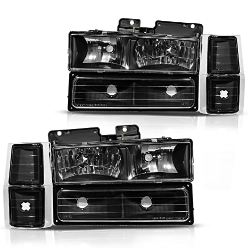 DWVO Headlight Assembly Compatible with 1994-1999 Chevy C/K Series 1500 2500 3500/Tahoe/Suburban/Silverado Crystal Headlamp w/Corner & Bumper Lights Black Housing