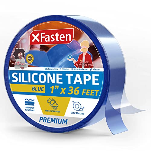 XFasten Self Fusing Silicone Tape Blue 1" X 36-Foot, Silicone Tape for Plumbing, Leak Seal Tape Waterproof, Silicone Grip Tape, Rubber Tape Thick for Pipe, Hose Repair Tape, Stop Leak Tape