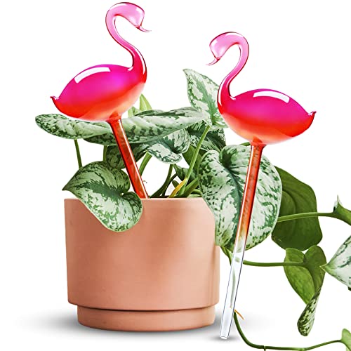Self-Watering Glass Globes 2PCS Flamingo Gradient Hot Pink 10" Long Hand Blown Bulbs Pot Plant Waterer Home Indoor Outdoor Garden Patio Hanging Flower Aqua Spike Decorative Automatic Irrigation System