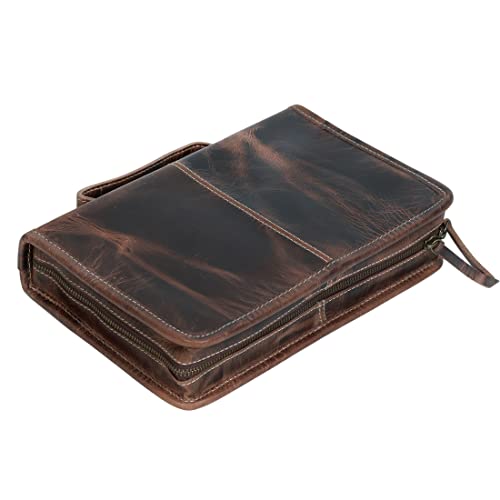 ALBAZA Men/Women's Genuine Leather Bible Cover Book Cover Planner Cover with Handle Zipper Bible Bag Carrying Case Medium Brown