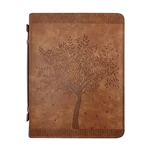 Angel Treasures Bible Cover with Engraved Tree of Life Design| Genuine Faux PU Leather Book Protector Case with Handle, Zipper, Pockets & Pen Slots