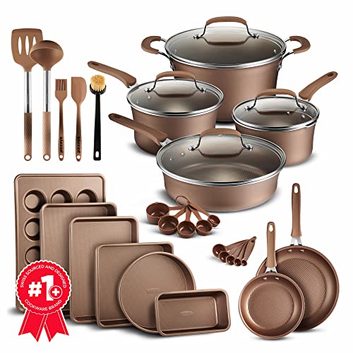 Cookware Set  23 Piece Gold Multi-Sized Cooking Pots with Lids, Skillet Fry Pans and Bakeware  Reinforced Pressed Aluminum Metal - Suitable for Gas, Electric, Ceramic and Induction by BAKKEN Swiss