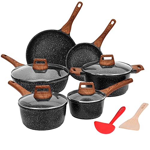 ESLITE LIFE Nonstick Cookware Sets, 12 Pcs Granite Coating Pots and Pans Set Kitchen Cooking Set, Compatible with All Stovetops (Gas, Electric & Induction), PFOA Free