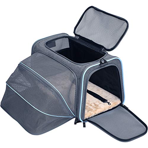 Petsfit Expandable Cat Carrier Dog Carriers,Airline Approved Soft-Sided Portable Pet Travel Washable Carrier for Kittens,Puppies,Removable Soft Plush mat and Pockets,Locking Safety Zippers