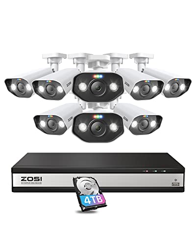 ZOSI 16CH 4K PoE Security Camera System with Two Way Audio,H.265+ 8MP 16CH NVR with 4TB HDD for 24/7 Recording,8X 5MP PoE IP Cameras Indoor Outdoor with Person Vehicle Detection,Color Night Vision