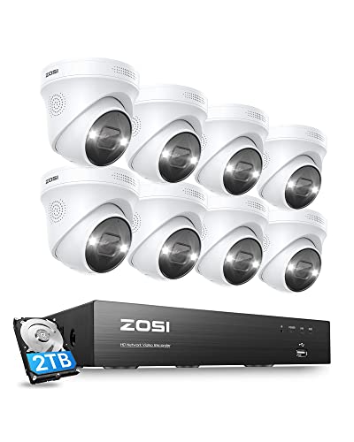 ZOSI 4K Home Security PoE Camera System with Two Way Audio,8CH 4K NVR with 2TB HDD for 24/7 Recording,8pcs 8MP PoE IP Cameras Indoor Outdoor,Color Night Vision,AI Human Detection,Smart Light Alarm