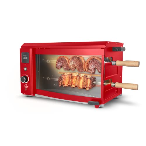 Brazilian Flame Rotisserie Grill Roaster with 2 Auto Rotating Skewers in Red for Rotisserie Chicken, Steak, Fish, Brazilian Style BBQ and Churrasco, Modern Electric Smoke-Free Rotisserie Grill