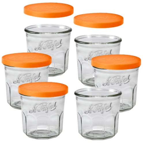 Le Parfait Jam Pots Clear Jars with Orange Snap Lids | Sturdy French Faceted Non-Slip Glass Body | Works as Drinking Glass Cup for Iced Tea or Coffee & Spice Storage | 15oz (Pack of 6) 445ml