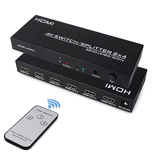 HDMI Switch Splitter 2 in 4 Out, 4K@60Hz HDMI Splitter Switcher with Remote and Audio Output, Support Full HD HDCP HDR for Computer, Laptop, Monitor, Projecor, PS4, Xbox, HDTV